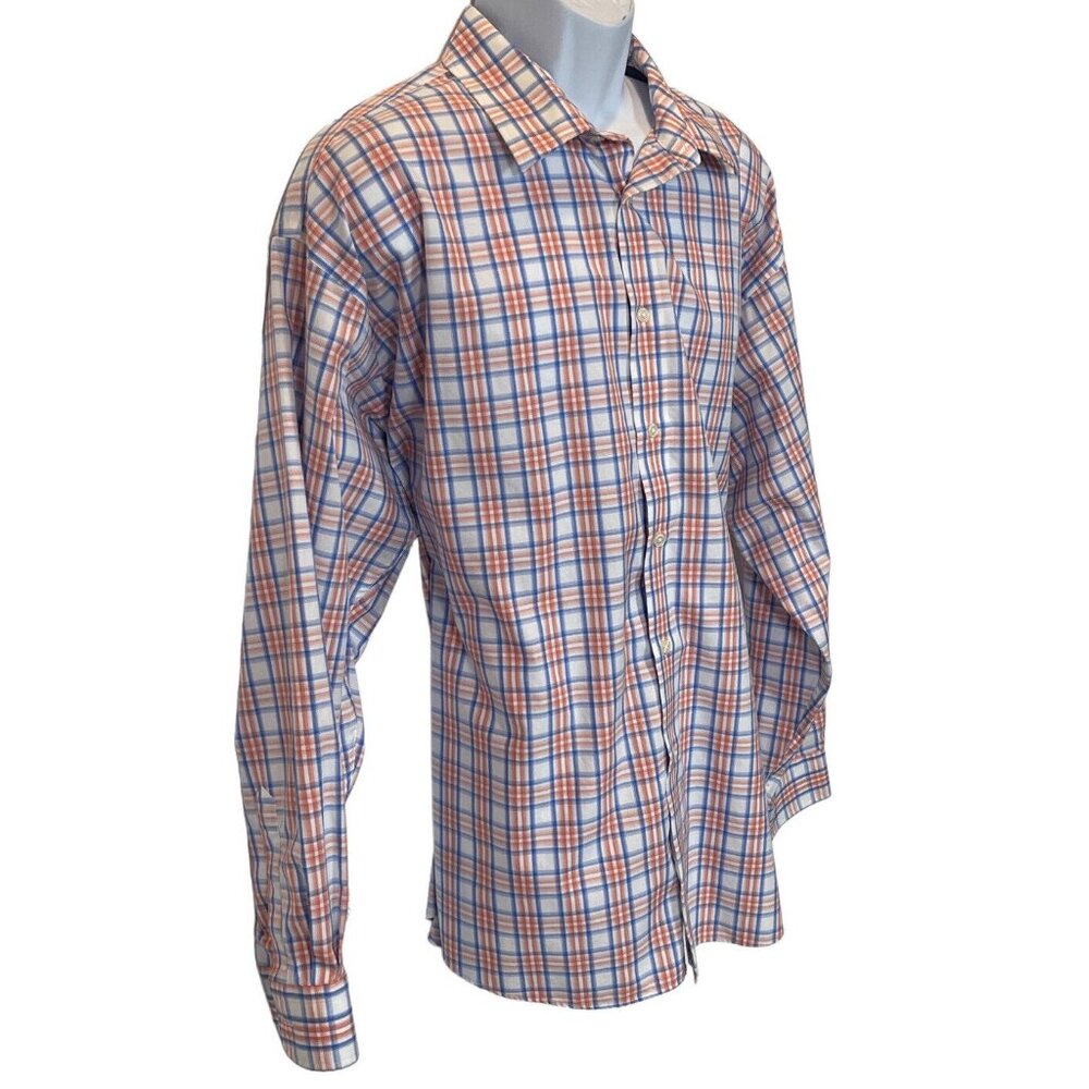 Egara Men's White Orange Blue Plaid Long Slv Button Up Non-Iron Shirt  2X / XXL